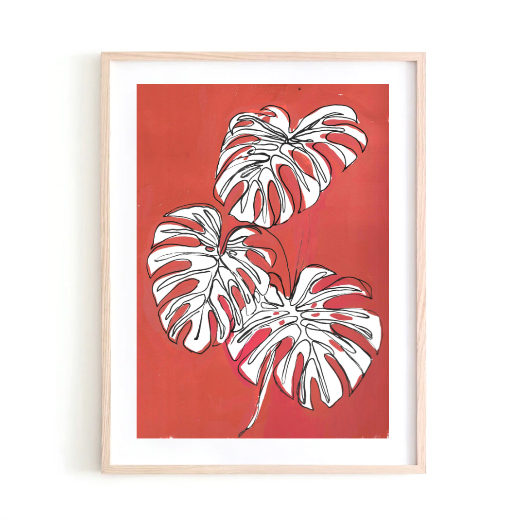 Red with White Monsteras art print