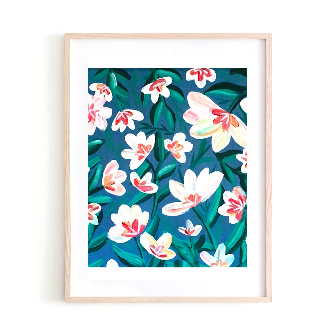White Flowers with Blue art print