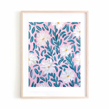 Daisies and blue leaves art print