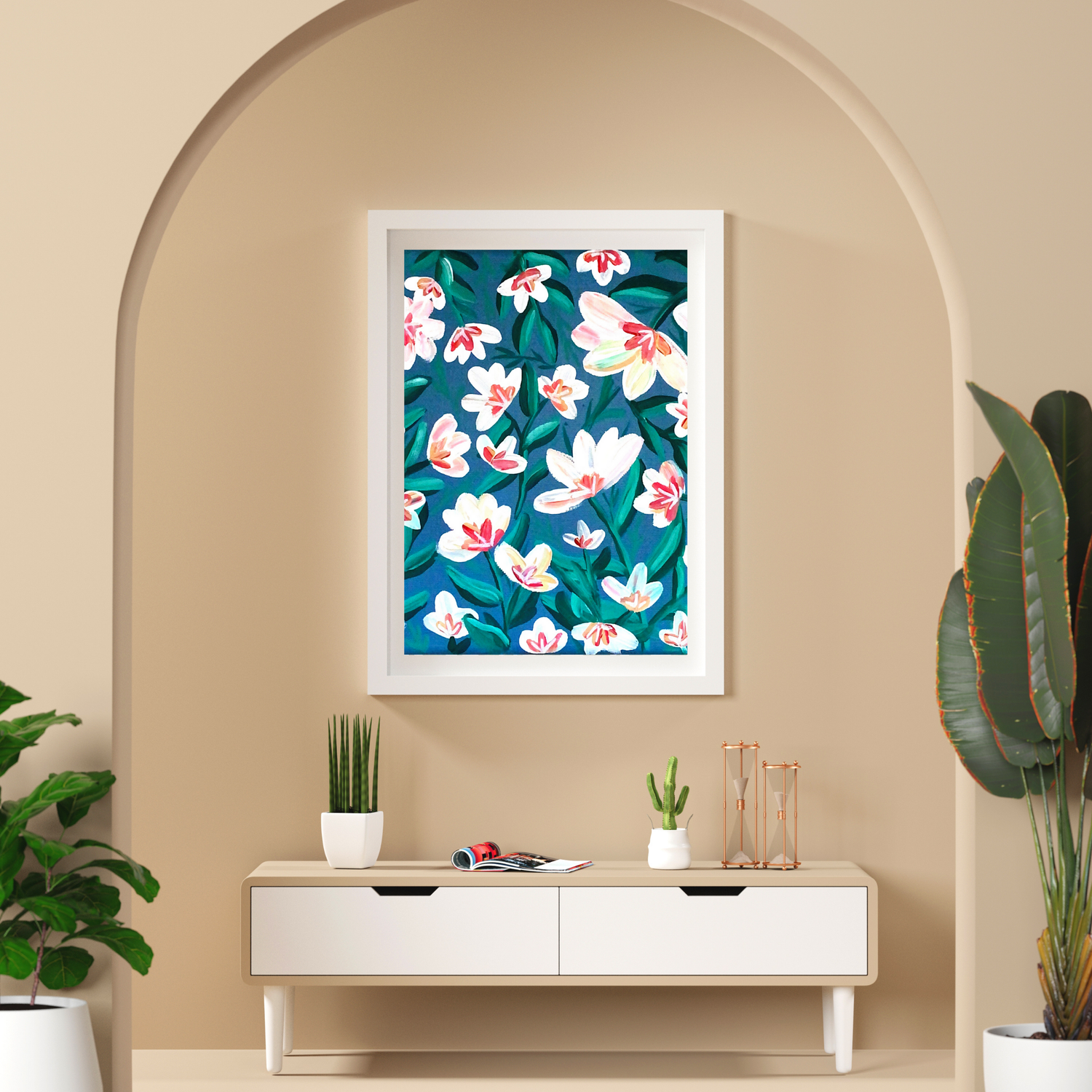 White Flowers with Blue art print