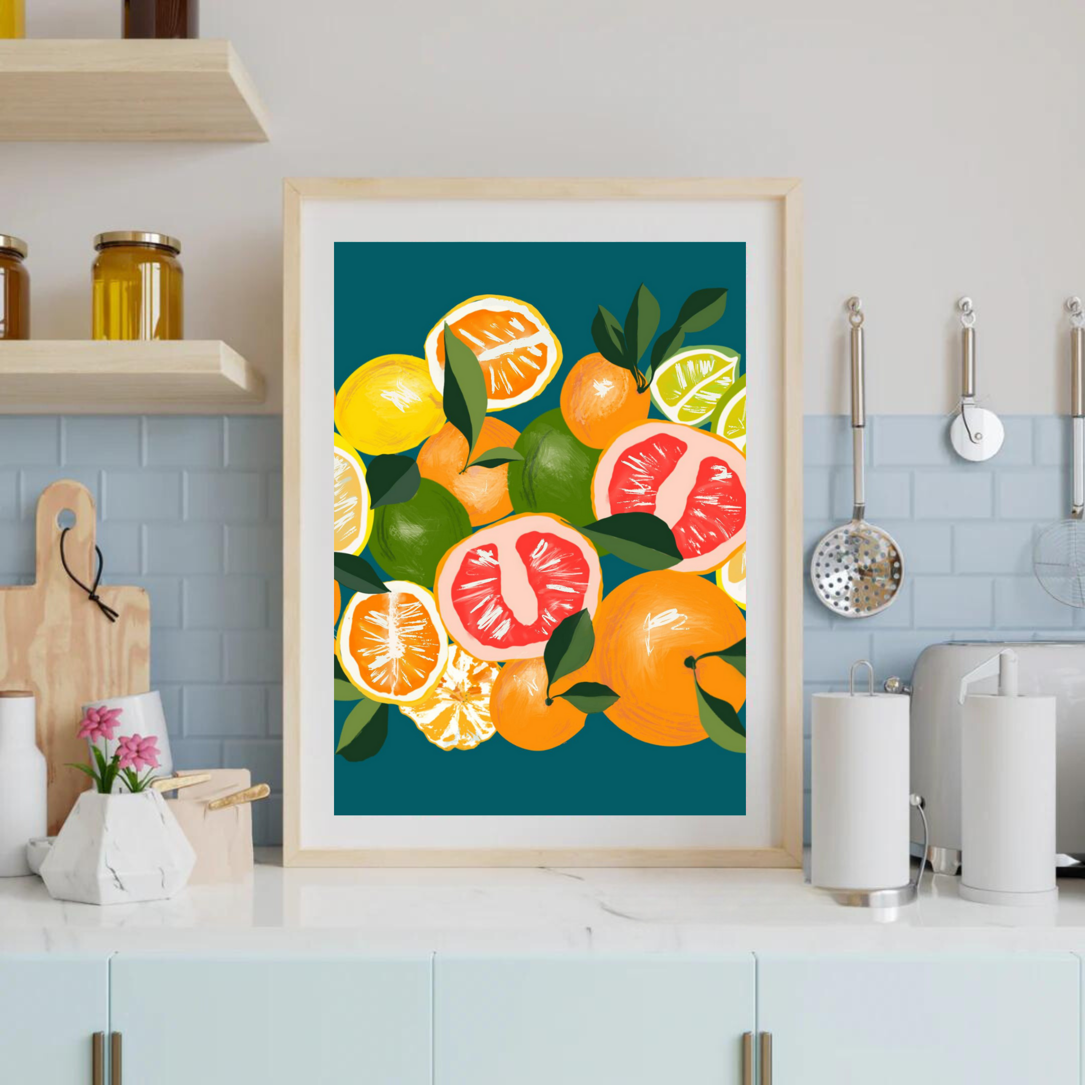 Lemons and Oranges on Blue art print