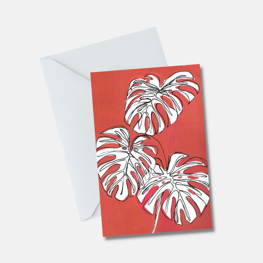 Red with white monsteras Greeting Cards