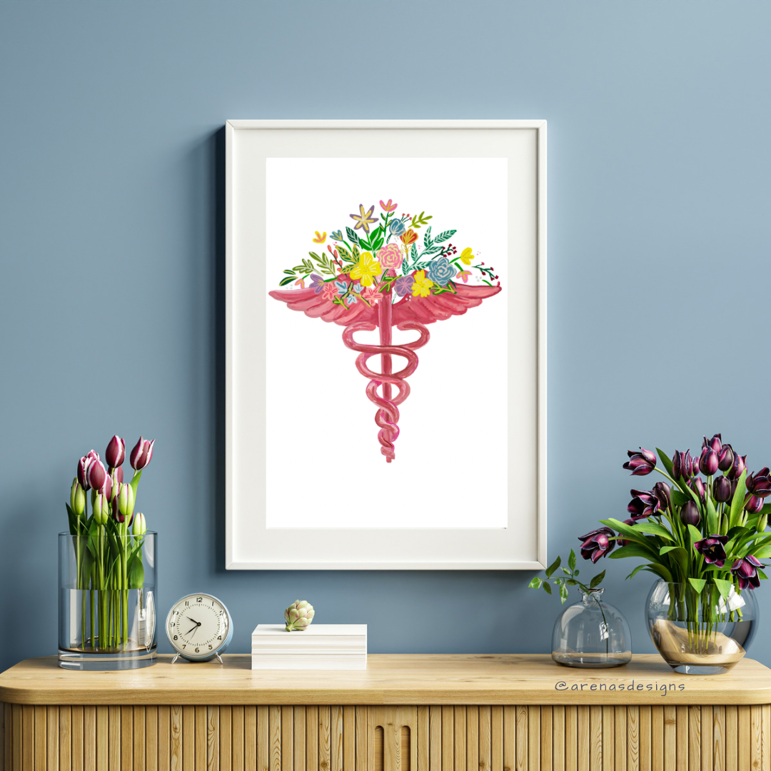 Medicine Symbol Medicine & Flowers art print