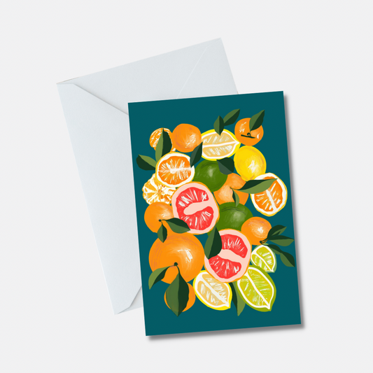 Lemons and Oranges on blue Greeting Cards